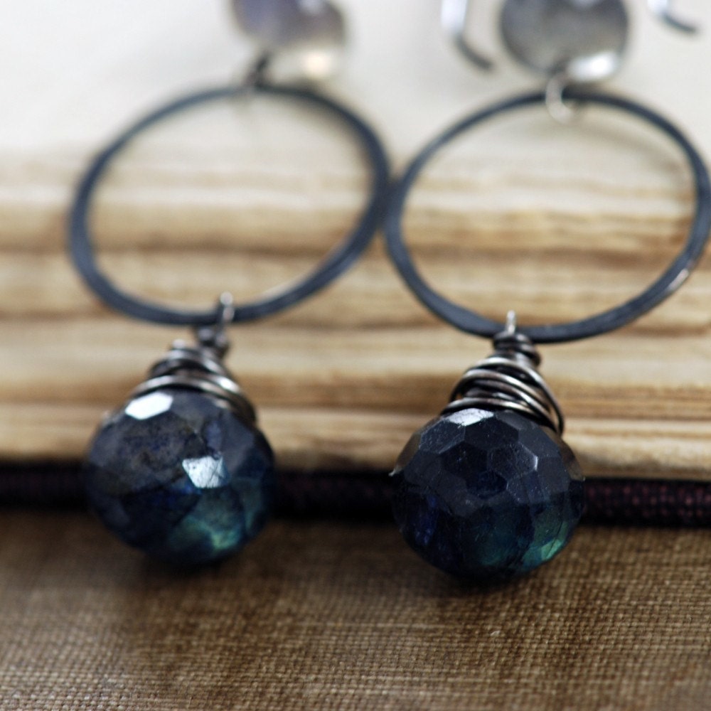 Sterling Silver Earrings, Spectrolite Labradorite Navy Blue Gemstone, Handmade, Midnight