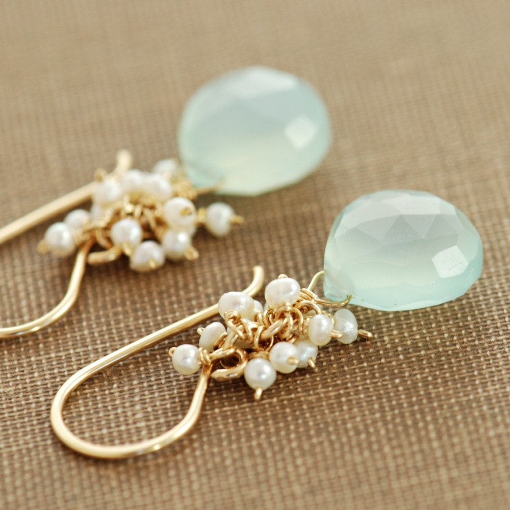 Seafoam Chalcedony Seed Pearl Earrings, Handmade Gold Dangle Earrings with Pearl Clusters, aubepine