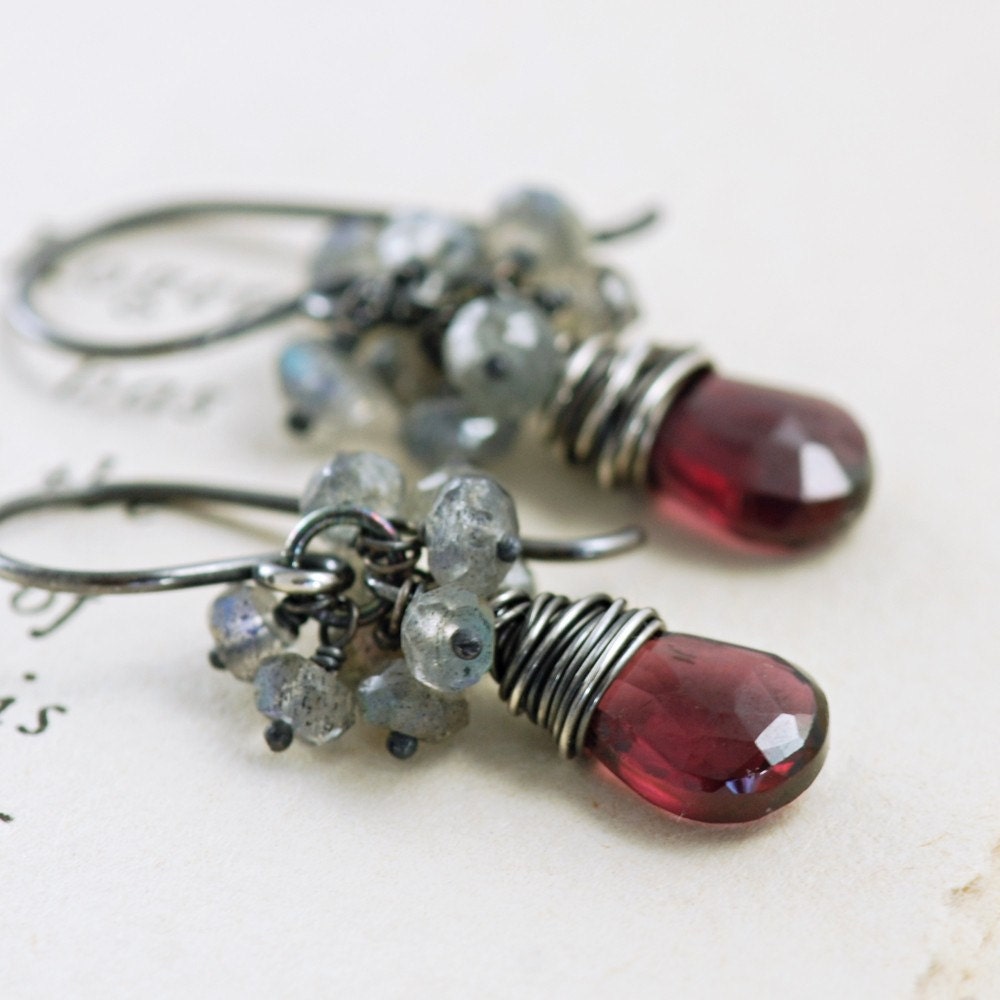 Garnet Earrings Sterling Silver, January Birthstone Jewelry, Red Gemstone Labradorite Cluster Earrings Handmade, aubepine