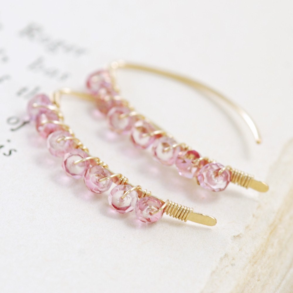 Wire Wrapped Pink Gemstone Earrings, October Birthstone Jewelry, Gold Quartz Earrings, aubepine