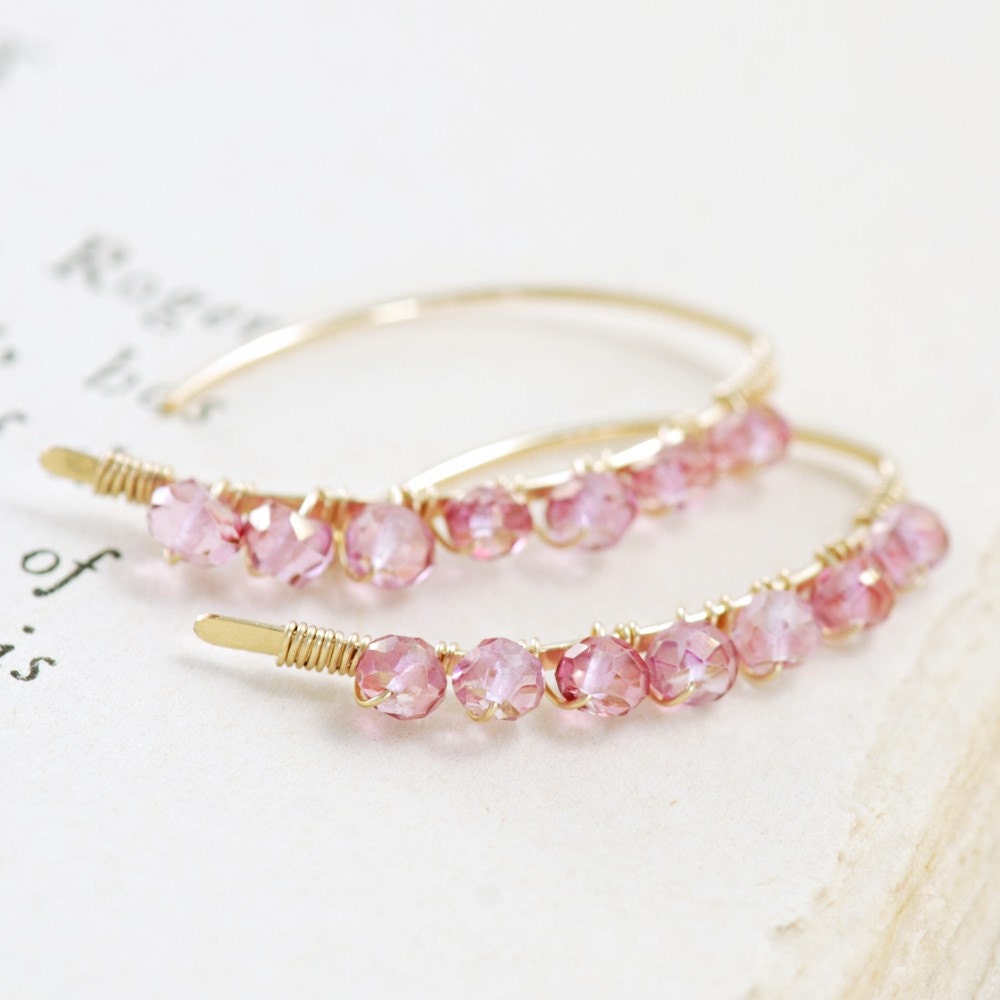 Wire Wrapped Pink Gemstone Earrings, October Birthstone Jewelry, Gold Quartz Earrings, aubepine