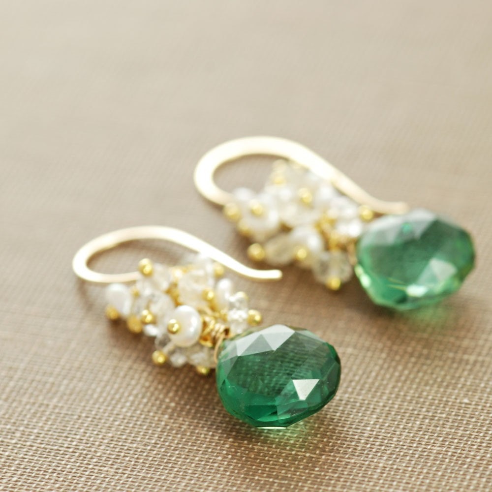 Forest Green Quartz Earrings in 14k Gold Fill, Gemstone Clusters White Topaz Pearl, aubepine