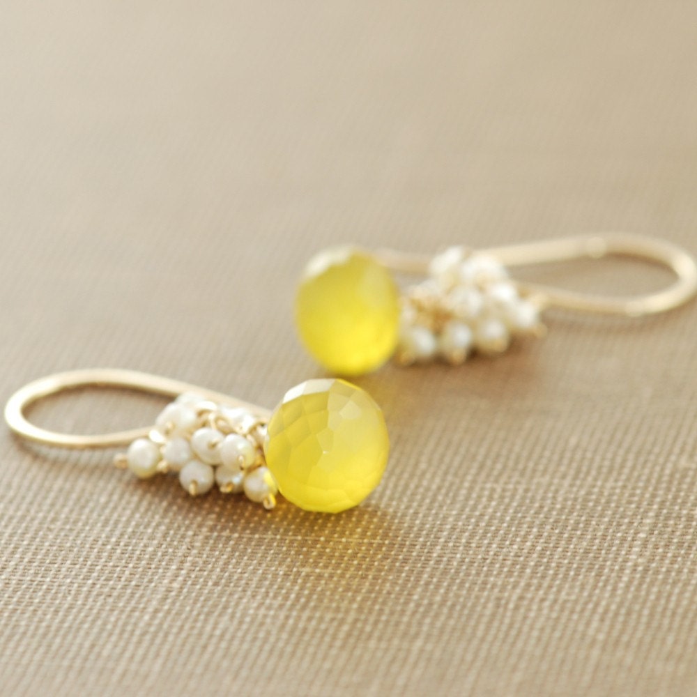 Reserved for Louise- Yellow Chalcedony and Seed Pearls Handmade Earrings- Lemon Meringue