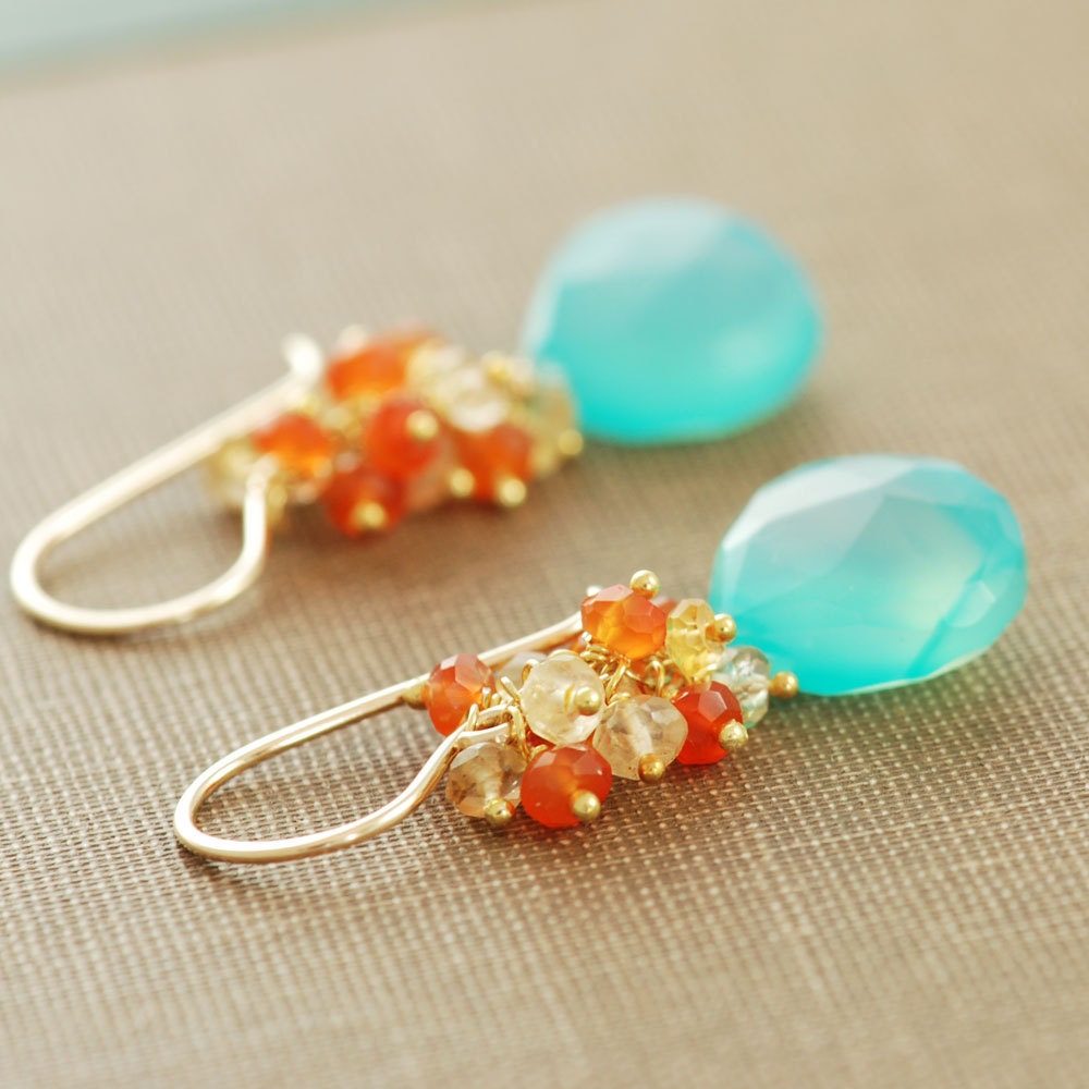 Beach Earrings, 14k Gold Gemstone Dangle Earrings, Aqua Orange Citrine Carnelian Earrings, aubepine