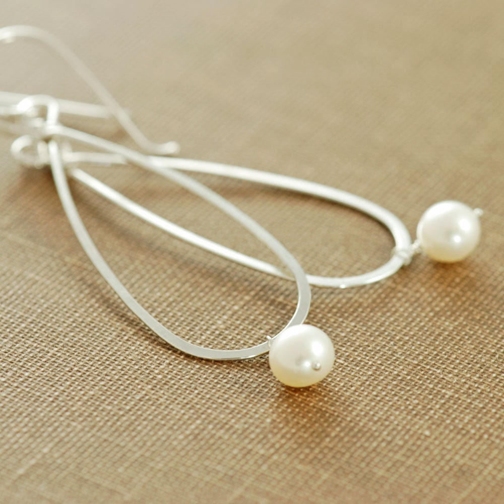 Pearl Teardrop Earrings Sterling Silver Hoops, Metal Handmade Dangle, aubepine