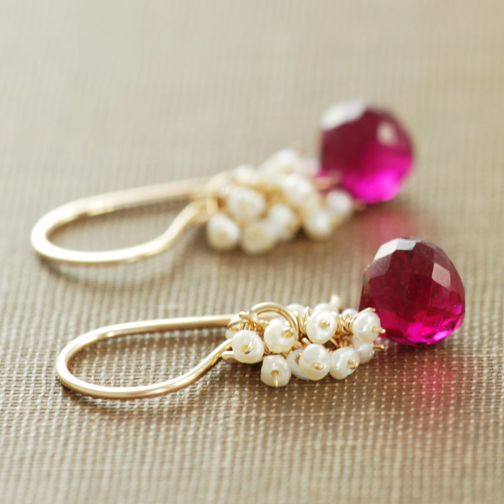 Raspberry Quartz Seed Pearl Earrings 14k Gold Fill, Wrapped Pink Gemstone Dangle Earrings, Handmade, aubepine