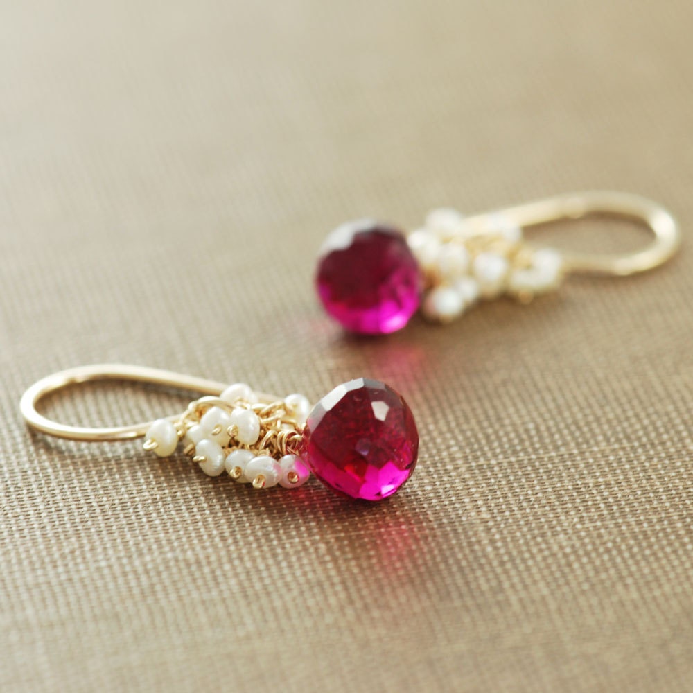 Raspberry Quartz Seed Pearl Earrings 14k Gold Fill, Wrapped Pink Gemstone Dangle Earrings, Handmade, aubepine