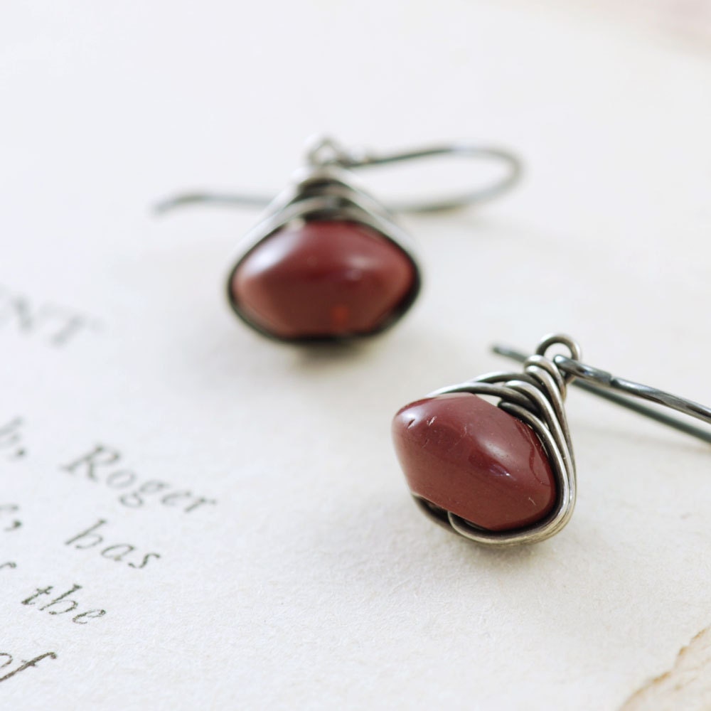 Red Oxblood Stone Earrings Sterling Silver, Mookaite Gemstone Earrings, Wire Wrap Handmade, aubepine