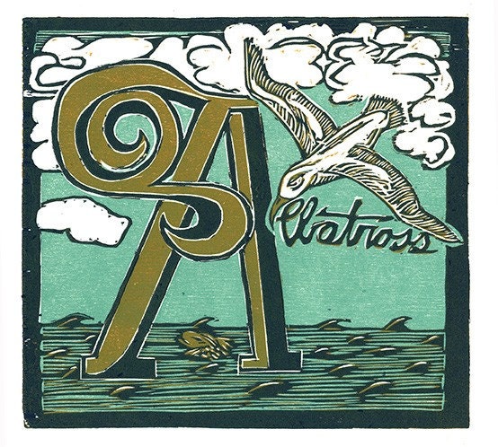 A is for Albatross (multi-color reduction woodcut)