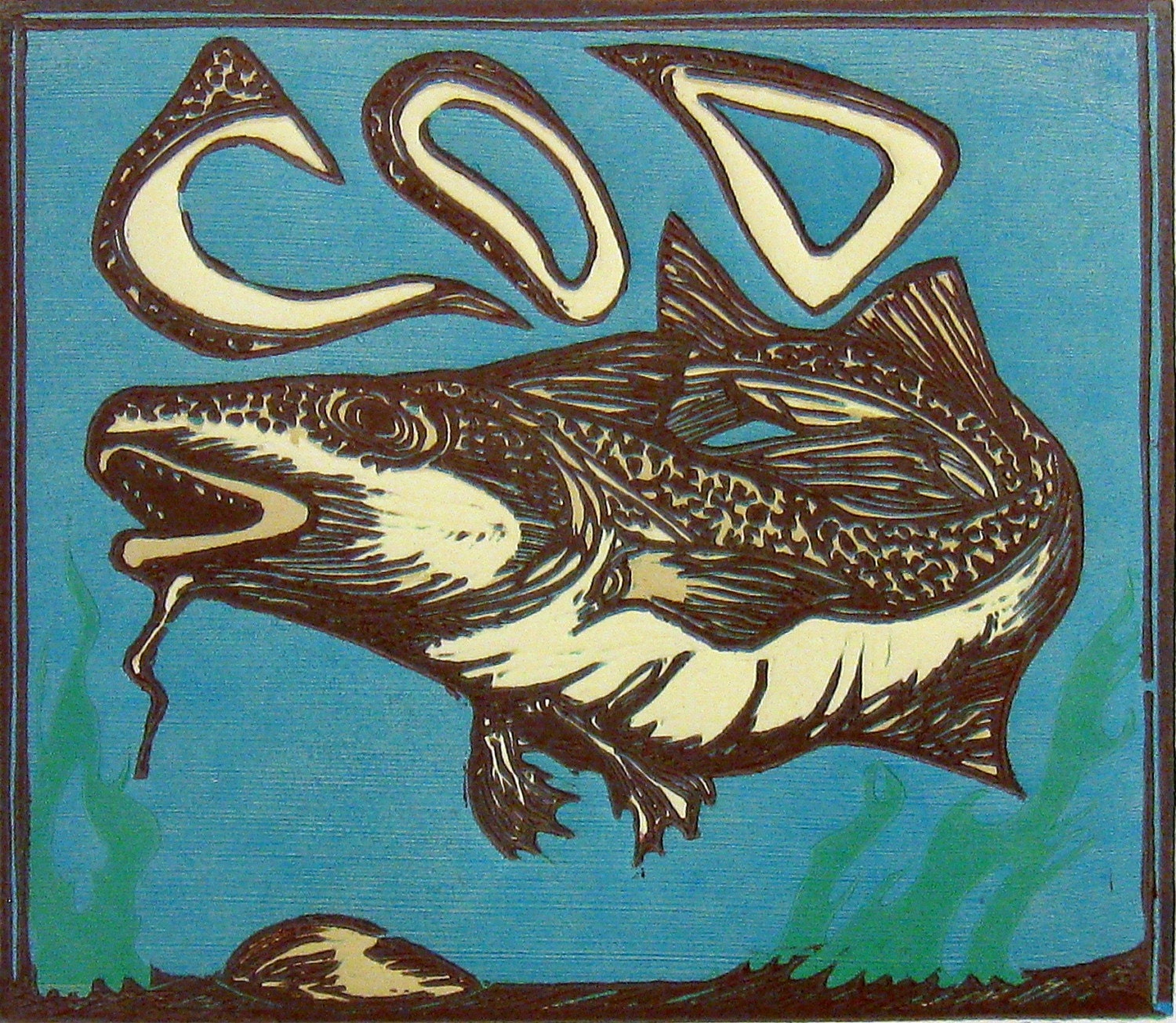 C is for Cod, multi-color reduction woodcut