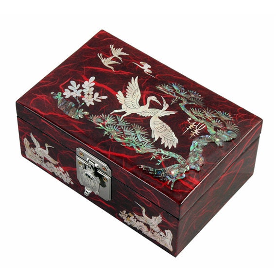 Mother of Pearl Wood Purple Lacquer Jewelry Keepsake Gift Trinket Case Box with Birds and Pine Tree  Design