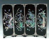 Mother of Pearl Wooden Mini Folding Screen Wall Art Plaque Decor with Four Noble Beings Design