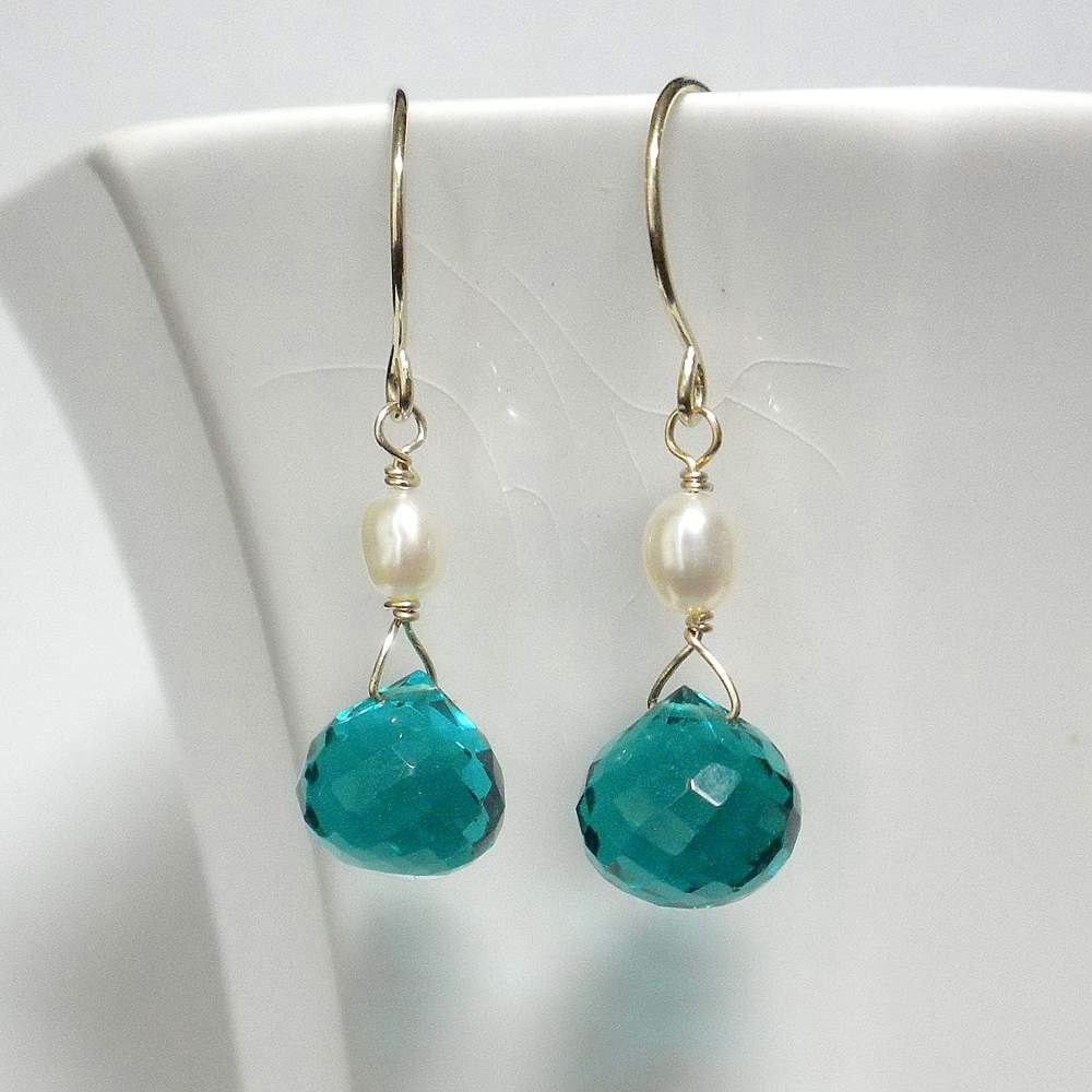Teal Briolette Earrings Gemstone Earrings Drop Earrings Quartz and Pearl Teal Earrings