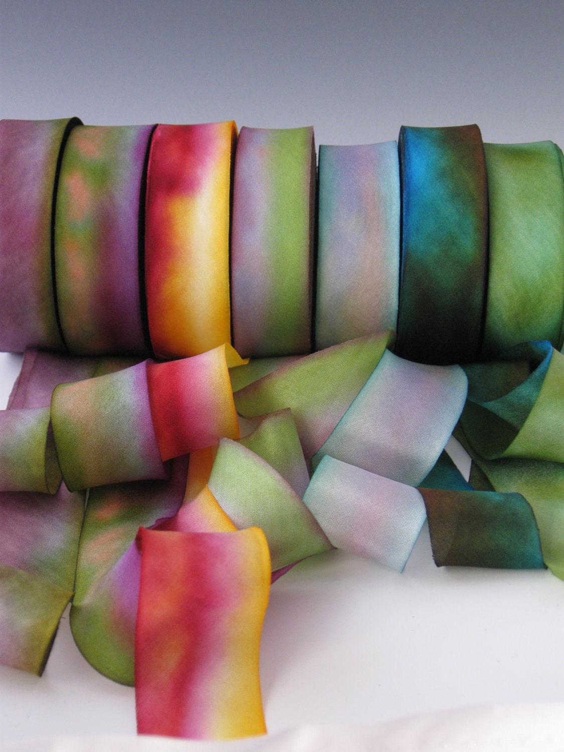 A Hanah Hand Dyed Silk Ribbon Collection,Hand Dyed Silk Ribbon, bias-cut 1 inch wide