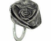 Silver Satin Ribbon Rose Flower Ring