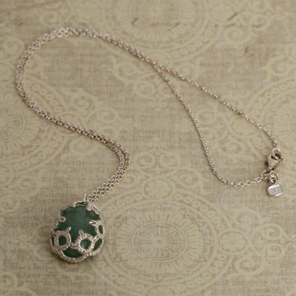 Lace Covered Aventurine Stone Sterling Silver Necklace