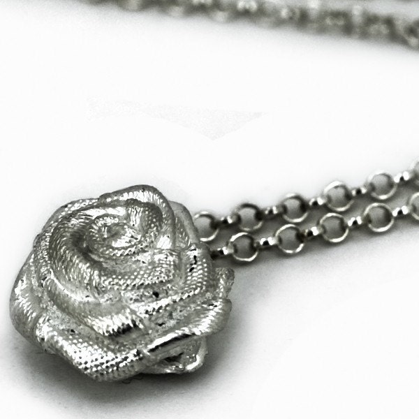 Sweet Silver Satin Rose Flower Pendant