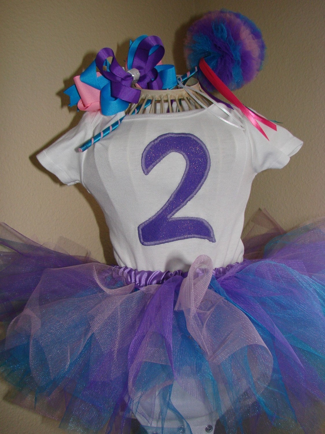 Birthday Tutu Outfit wand Tutu purple, pink blue. Boutique bow, headband, Great for Birthday Abby Cadabby colors fairy princess