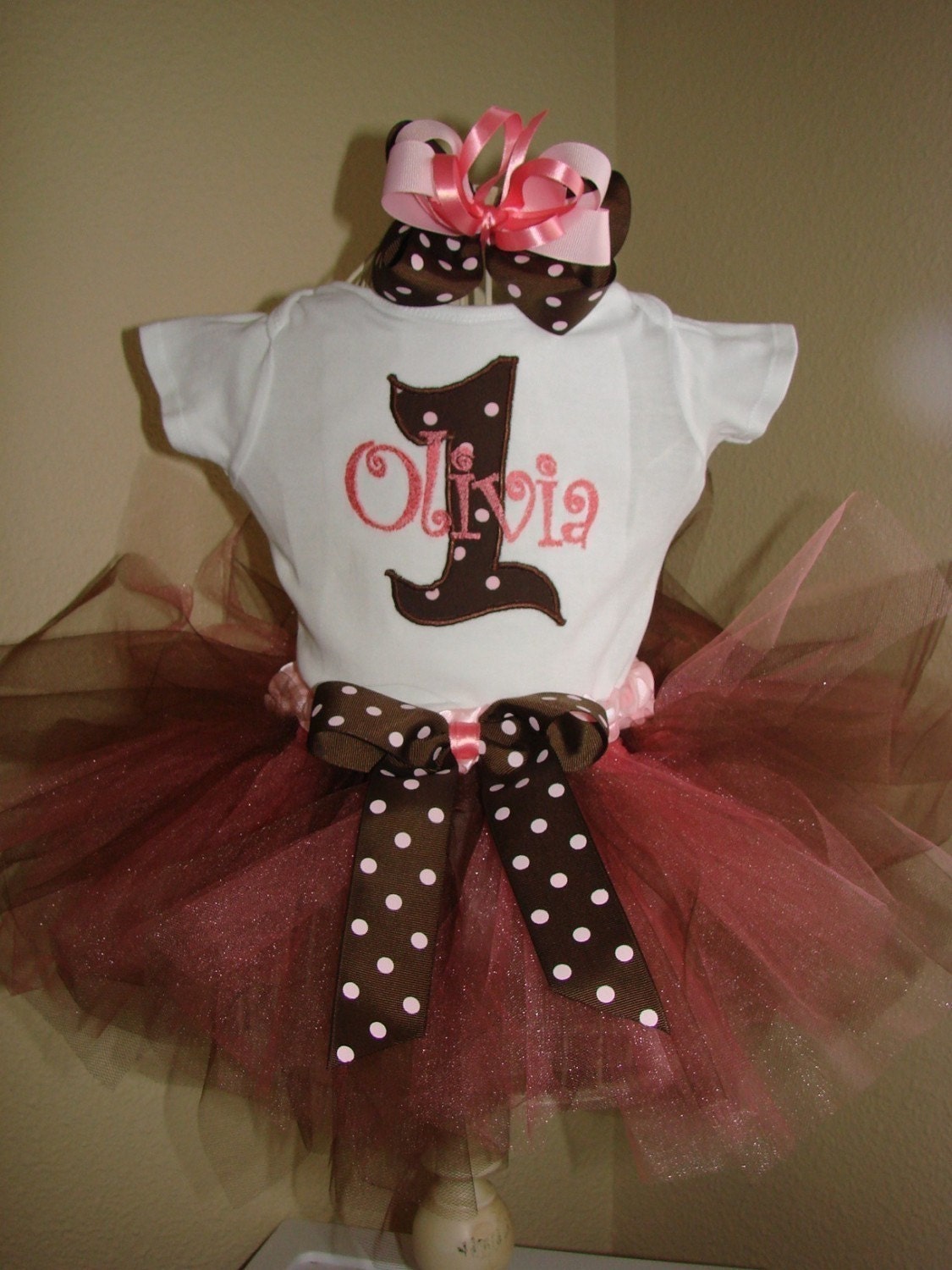Tutu Outfit Pink and brown, Boutique bow, head band, Great for 1st 2nd 3rd Birthday LONG or SHORT sleeves