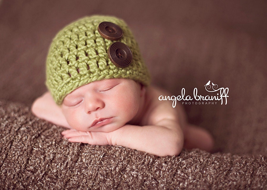20% OFF SALE - Organic Cotton Beanie Hat - Sage Green with Wood Buttons - Newborn Baby Photo Prop