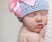 20% OFF SALE - Organic Cotton & Soy Beanie Hat - Light Blue Hat with Pink Satin Bow - Fancy Newborn Photo Prop