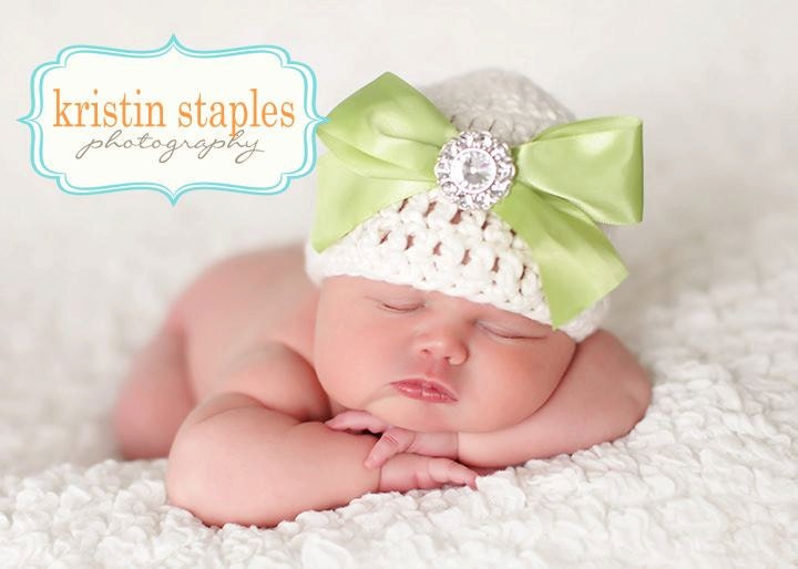 20% OFF SALE - Organic Cotton Beanie Hat - Ivory with Lime Green Satin Bow and Rhinestone - Fancy Newborn Photo Prop