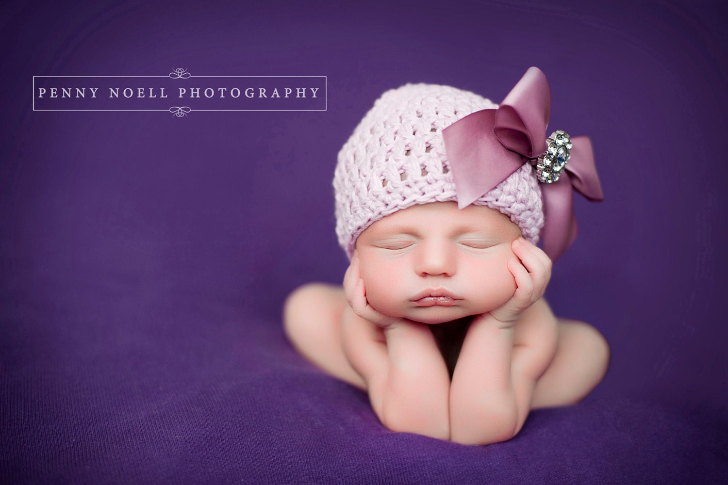 Organic Cotton Beanie Hat - Light Pink/Mauve Hat with Satin Bow and Rhinestone - Fancy Newborn Photo Prop
