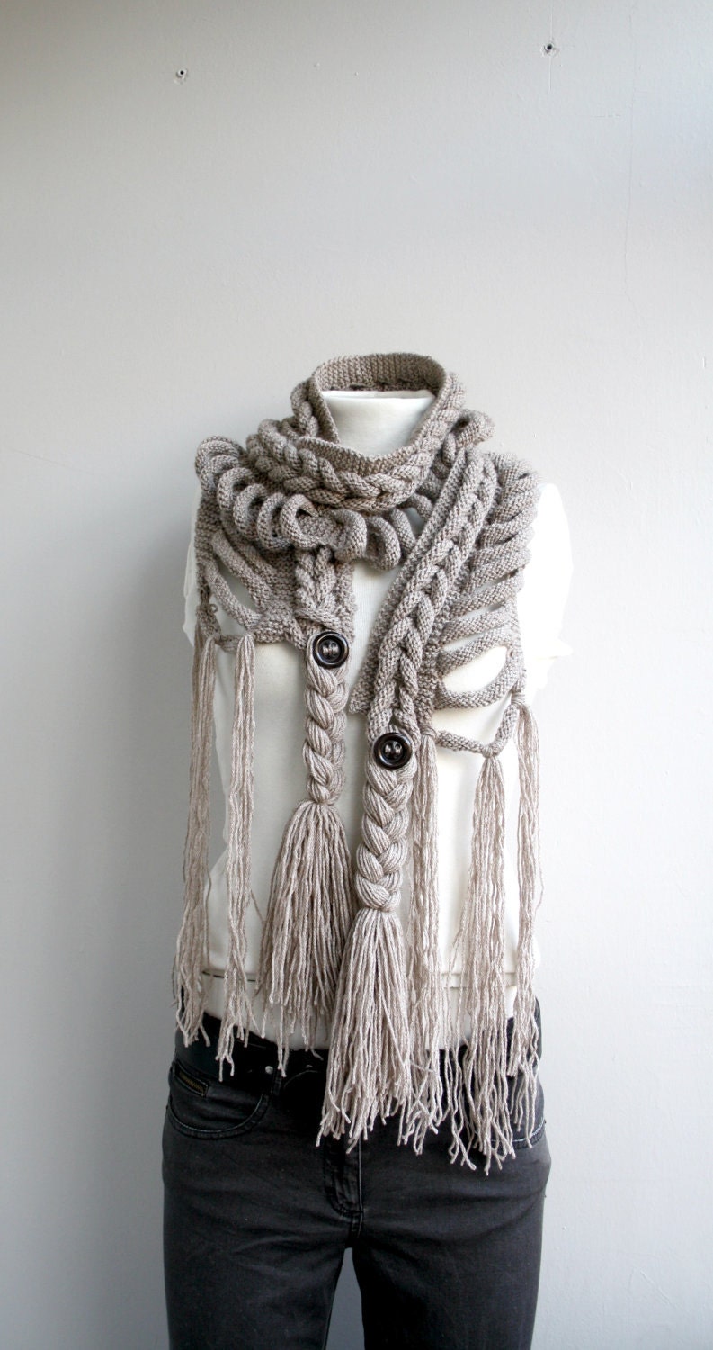 Free SHIPPING Milky Brown Wool  Scarf with Brown Button Mothers Day gift  UNDER 75USD For Her
