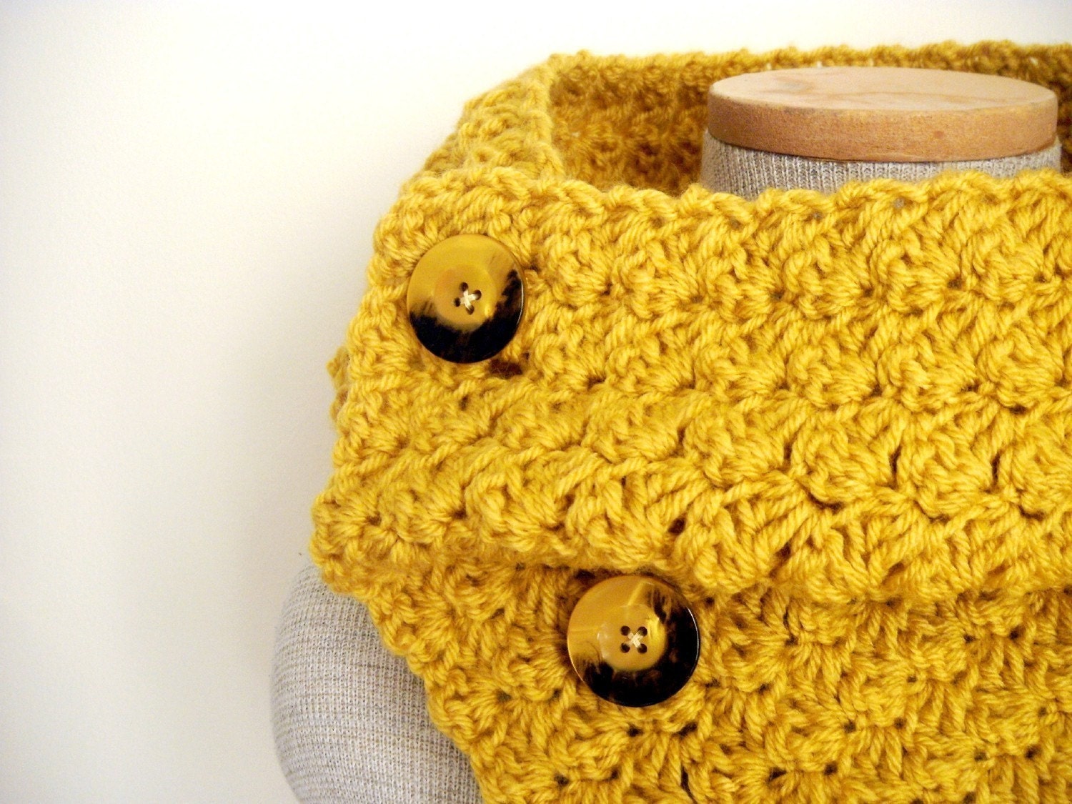 Yellow Mustard Cowl Scarf Neckwarmer with Vintage Buttons