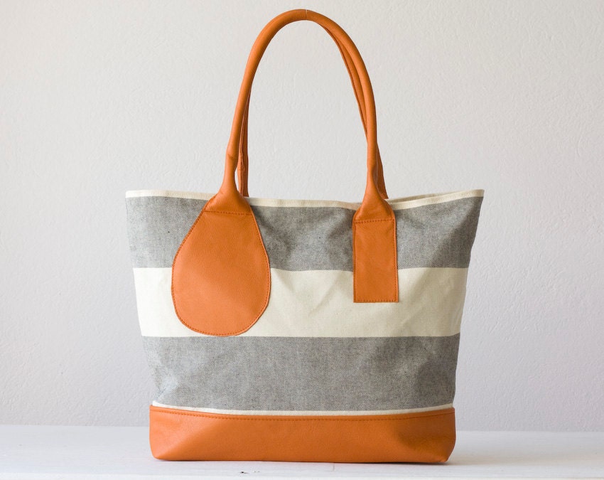 Stripe shoulder bag , purse in cotton canvas and orange leather - Kallisto bag