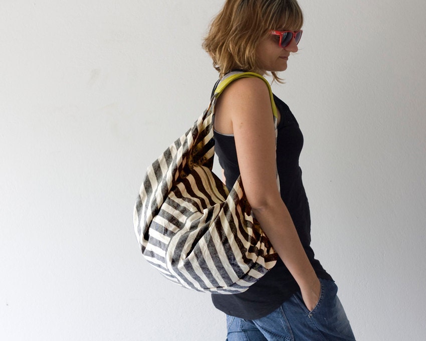 Kallia bag in stripe cotton and yellow leather