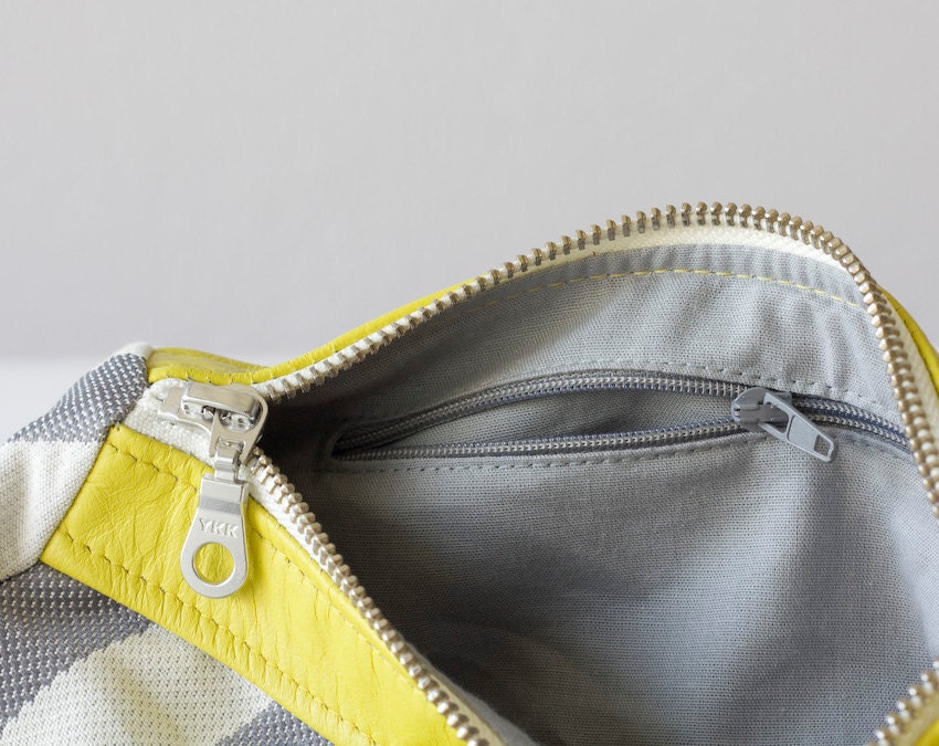 cosmetic case , make up bag in Stripe cotton grey and Yellow leather , Cyber Monday Etsy