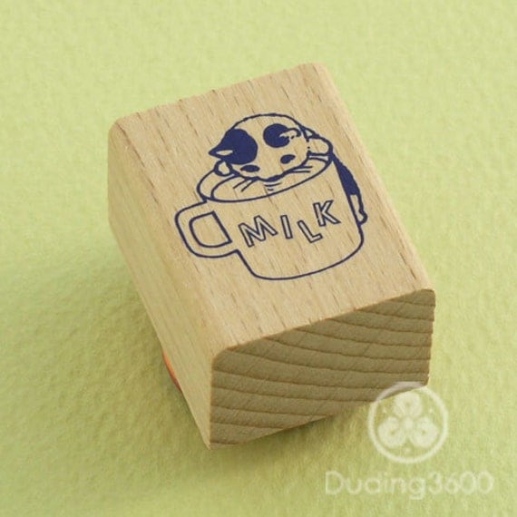 Japanese Cat Wooden Rubber Stamp - Cat Drinking Milk - Pottering Cat