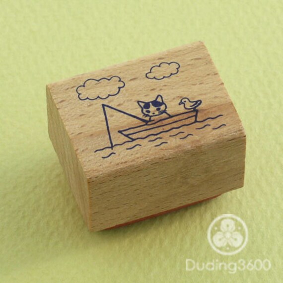 Japanese Cat Wooden Rubber Stamp - Cat Fishing with Sea Gull - Pottering Cat