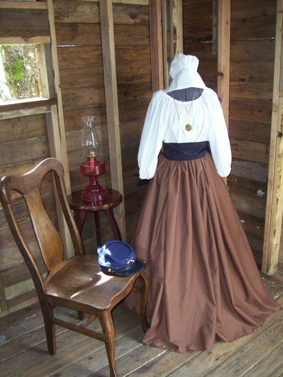 Civil War Colonial Prairie Pioneer Dress bonnet skirt blouse and apron-Womens 5 Piece