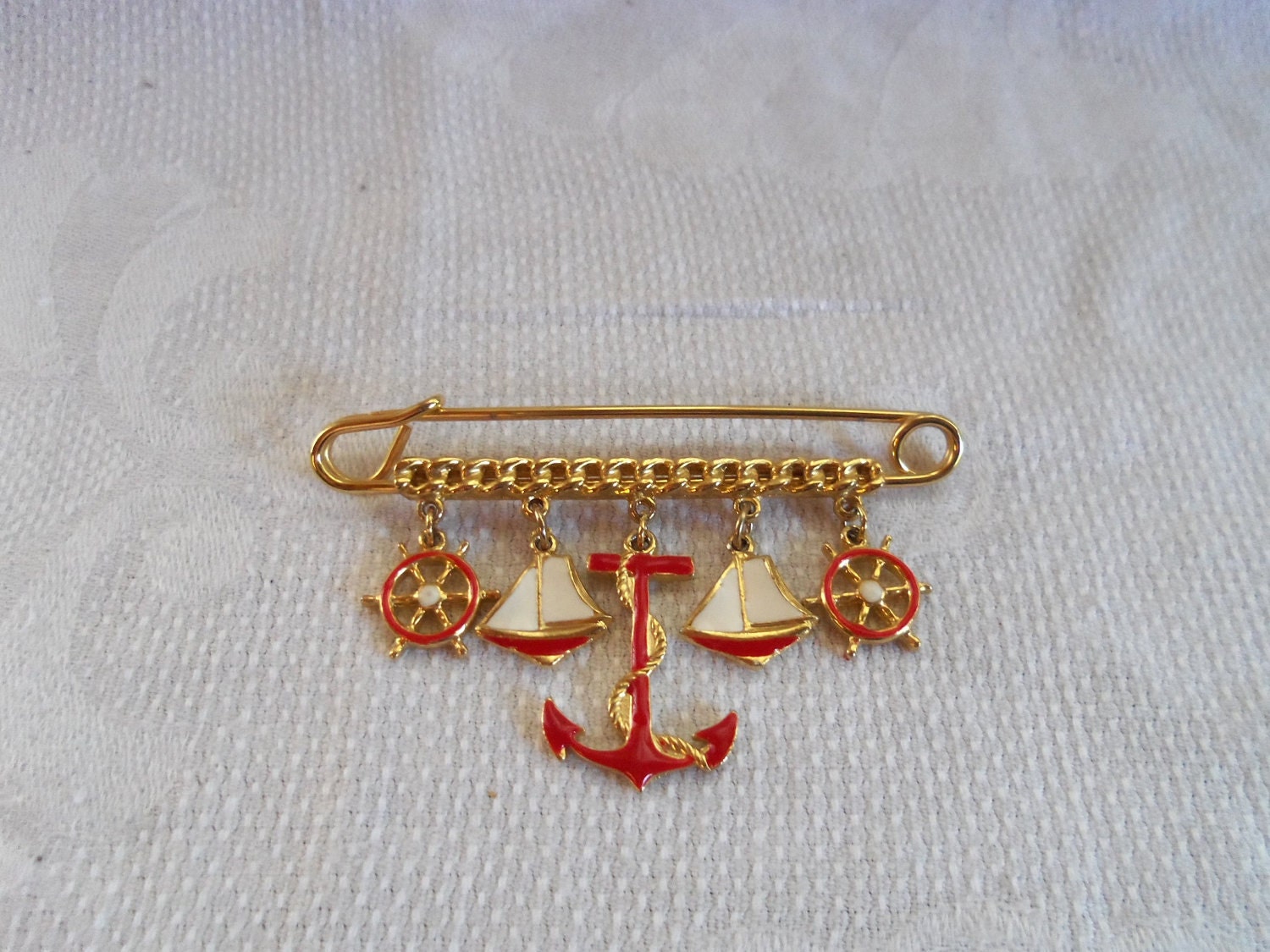 Vintage Nautical Enamel and Gold Brooch Anchors away