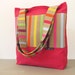 Tote cherry red cotton canvas with rainbow striped patch and straps - CITY TOTE
