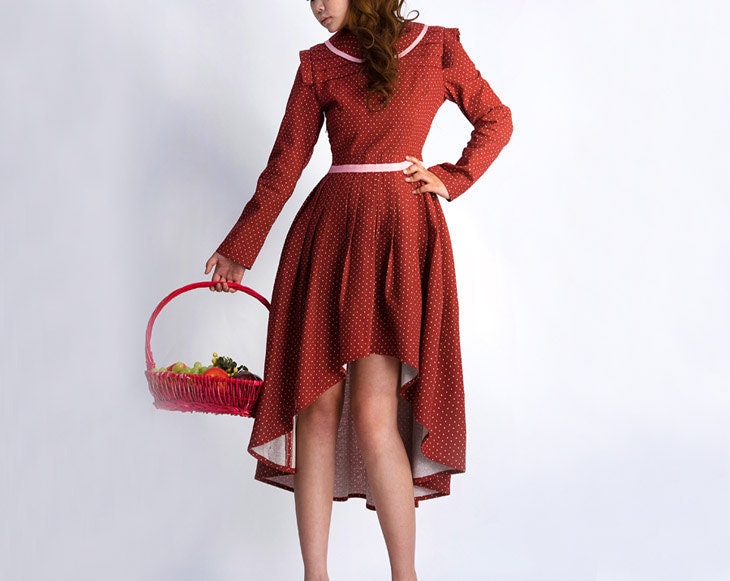 Dress-- irregular red Dot linen long dress (0040)