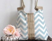 Handbag Blue chevron carry all shoulder bag with burlap