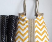 Yellow and white chevron carry on handbag with burlap