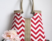Chevron red & burlap  tote bag
