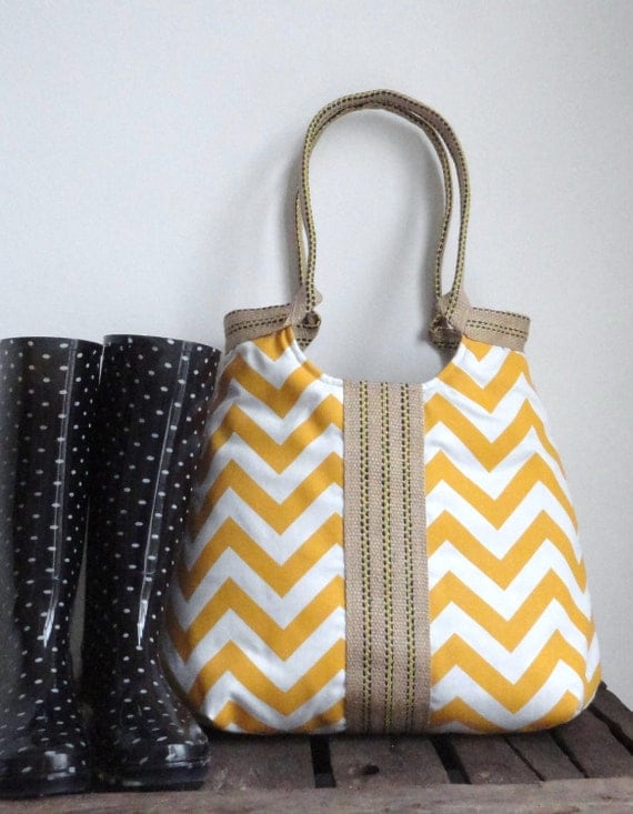 Yellow and white chevron carry on hobo bag with burlap SPRING FASHION
