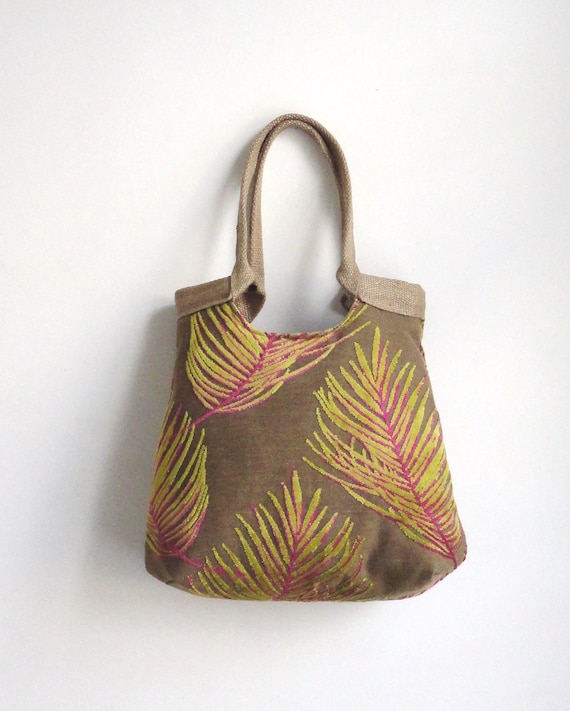 Neon leaves large carryall tapestry hobo bag with burlap