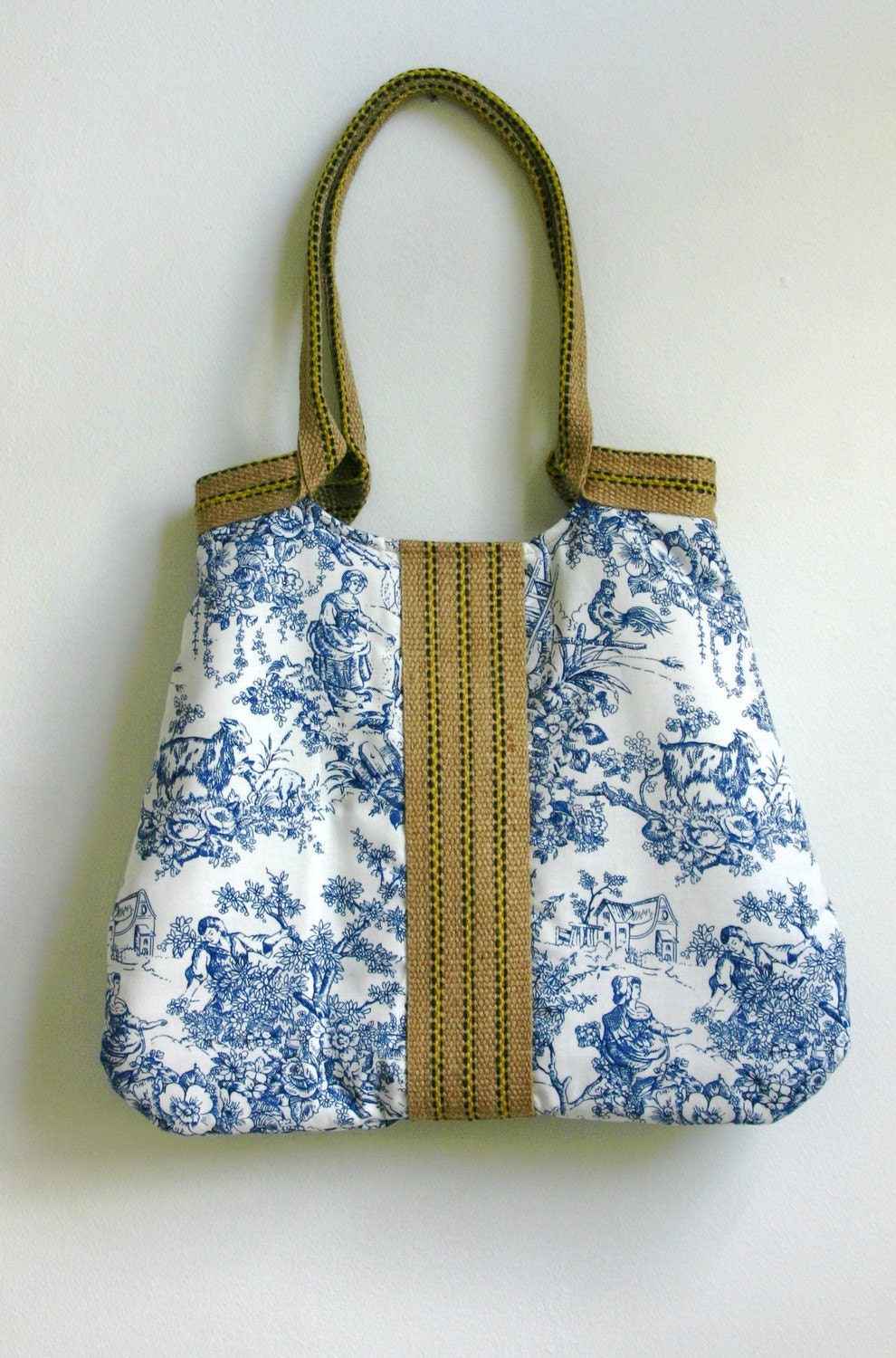 Provence blue toile tote bag with burlap