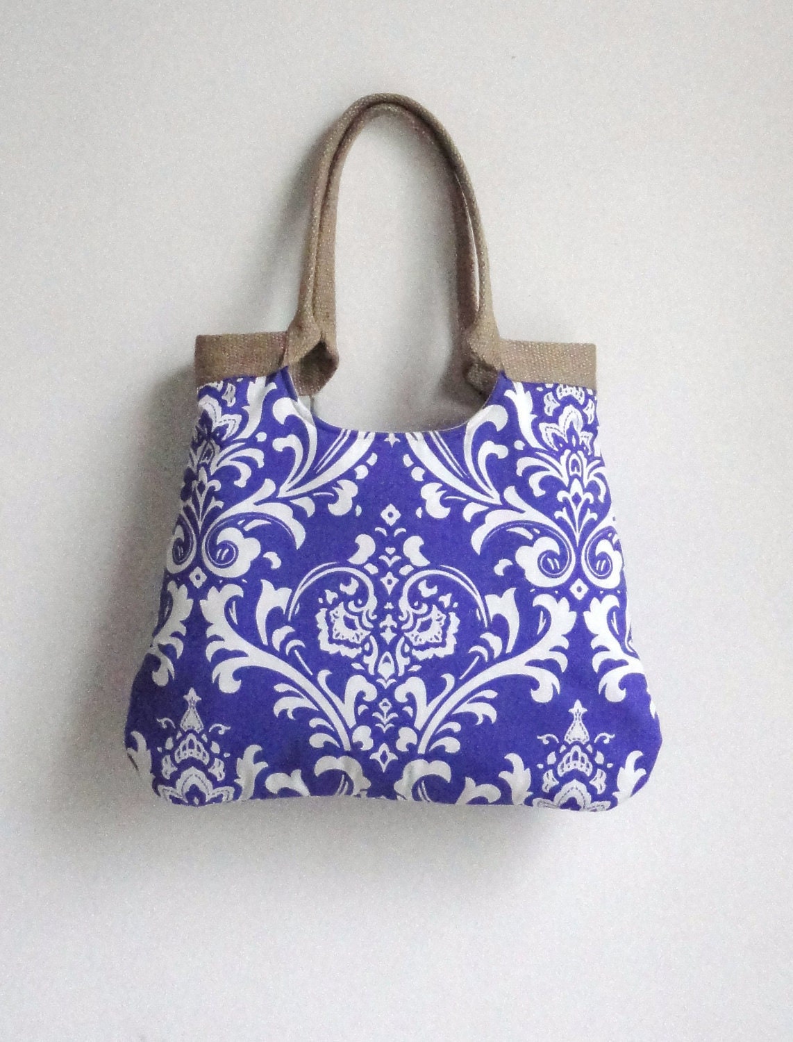 Tote Bag / Shoulder Bag / Purse Purple damask tote bag with burlap