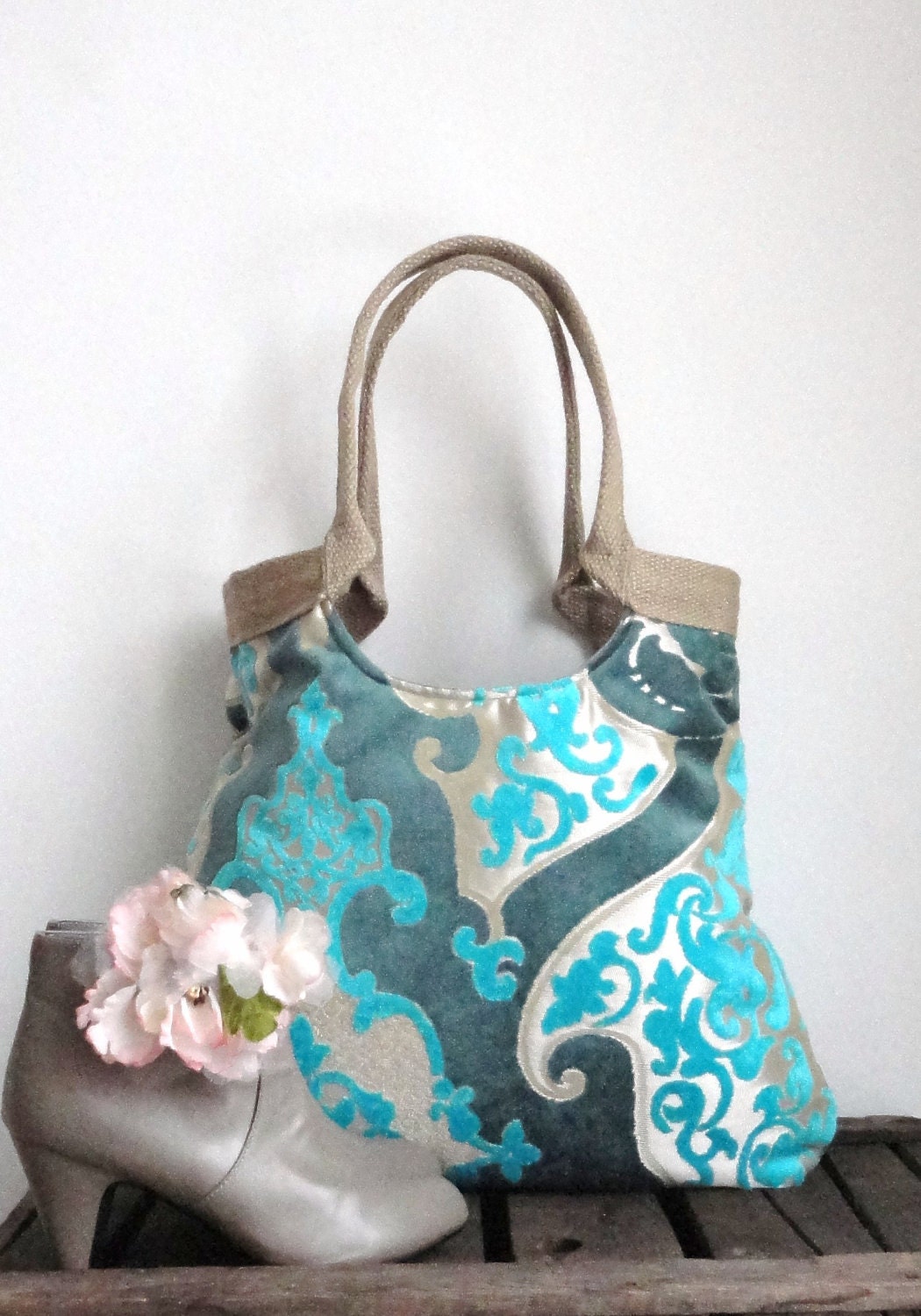 Turquoise blue damask tote bag with burlap Winter fashion