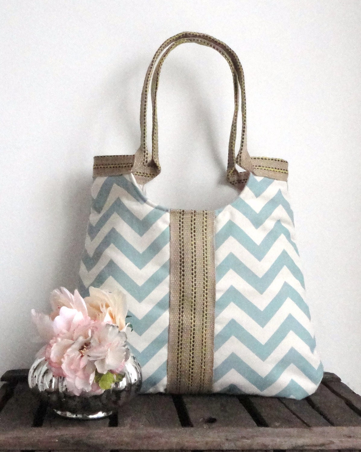 Chevron light blue & burlap tote bag