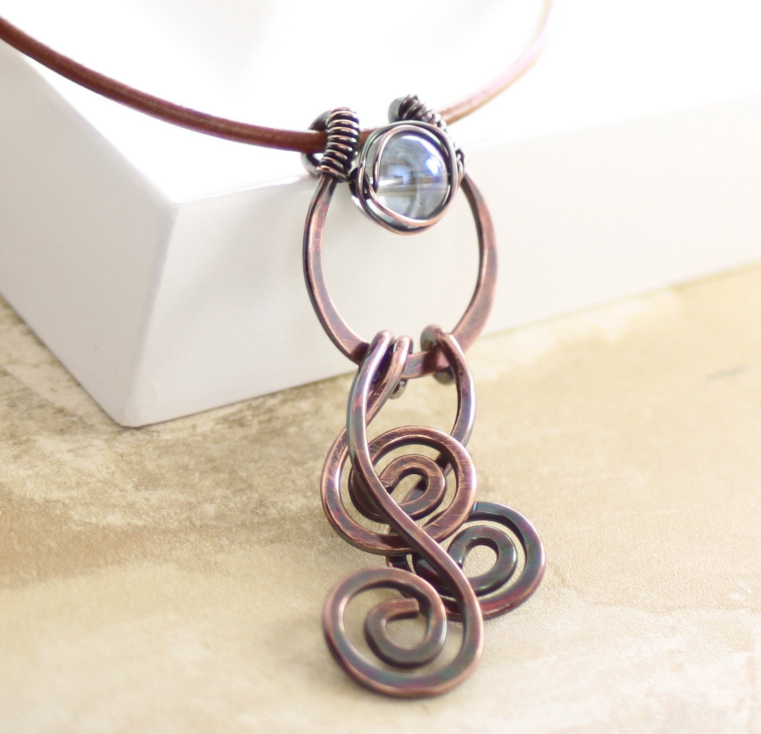 Swirly copper pendant  necklace in eye shape hoop pendants with swirl dangles and wrapped light blue quartz - Other options available.