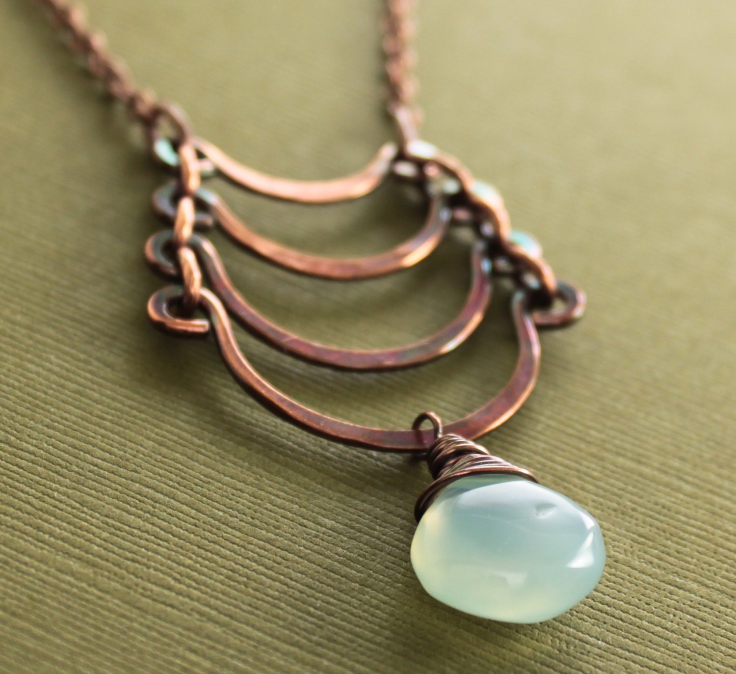 Egyptian copper necklace with cascade and light seafoam chalcedony briolette dangle