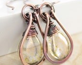 Dangle glass copper earrings with framed metallic plumy purple with hints of mossy green Czech glass briolette - IngoDesign